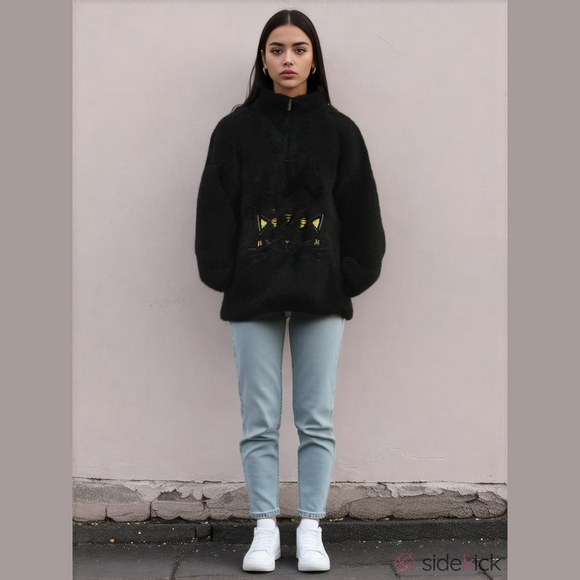 La Vie En Rose Tops - Vie EN ROSE Black Teddy Cosy Warm Cat Embroidery Half Zip Up Sweater Size Small